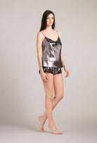Discover the 2024 summer collection of lingerie couture from the house Carine Gilson with this Floaty Shorts in Steel lurex Silk with Black lace