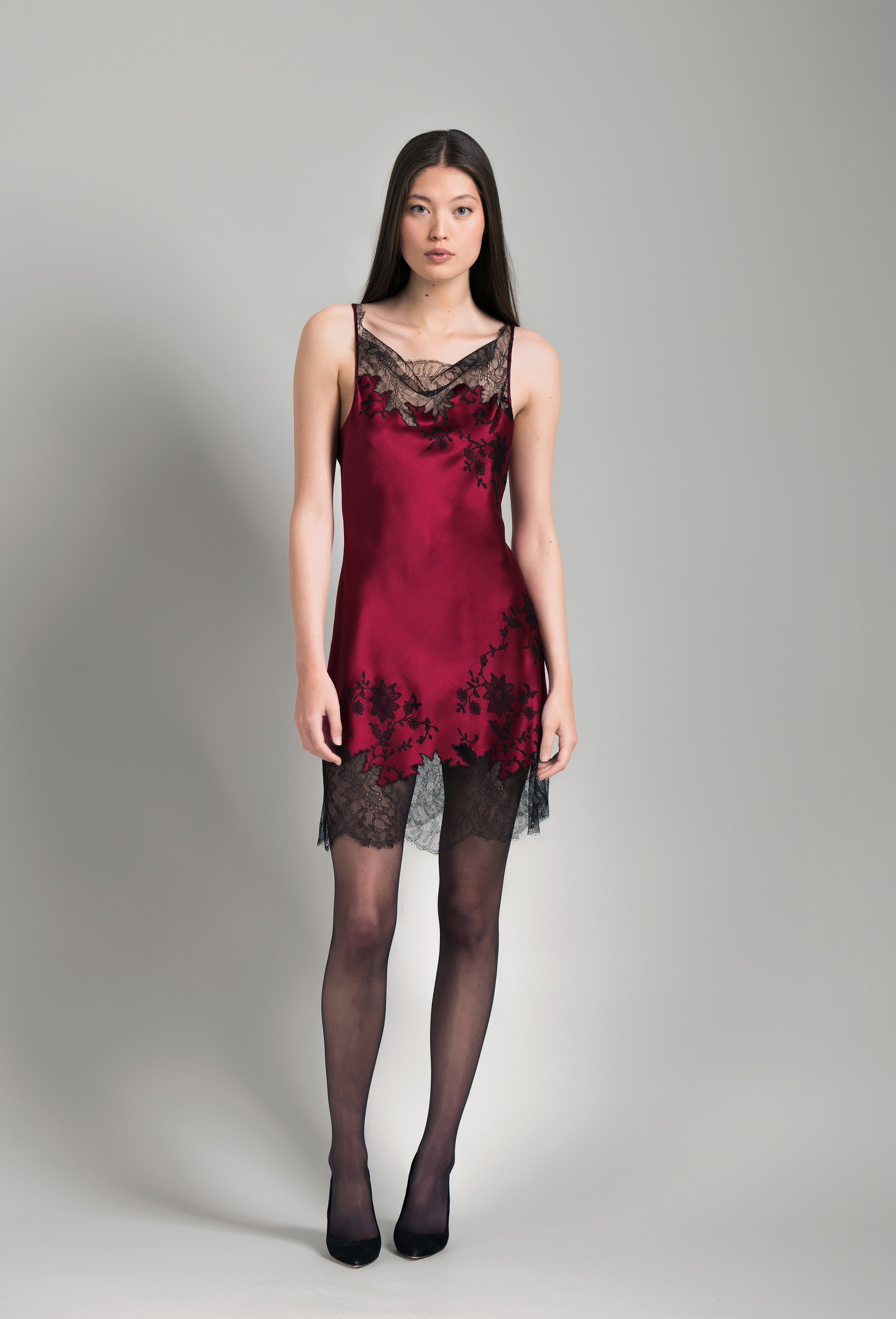 Enjoy the Winter 2026-27 collection of lingerie couture from the house Carine Gilson with this Midi dress with Cowl Neckline with lace in Rubis red Silk  with Black lace