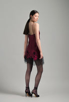 Enjoy the Winter 2026-27 collection of lingerie couture from the house Carine Gilson with this Midi dress with Cowl Neckline with lace in Rubis red Silk  with Black lace