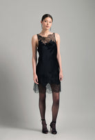 The Winter 2026-27 collection from the house Carine Gilson - The most beautiful couture lingerie to be discovered with this Midi dress with Cowl Neckline with lace in Black Silk  with Black lace
