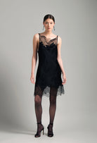 The Winter 2026-27 collection from the house Carine Gilson - The most beautiful couture lingerie to be discovered with this Midi dress with Cowl Neckline with lace in Black Silk  with Black lace