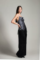 Enter Carine Gilson's world and the most beautiful silk lingerie with the Winter 2026-27 collection with this Long top with Scoop Neckline in StormGrey Silk  with Black lace
