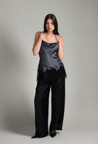 Enter Carine Gilson's world and the most beautiful silk lingerie with the Winter 2026-27 collection with this Long top with Scoop Neckline in StormGrey Silk  with Black lace