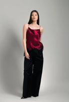 Made of silk and lace, explore the lingerie collection Winter 2026-27 from the house Carine Gilson with this Long top with Scoop Neckline in Rubis red Silk  with Black lace