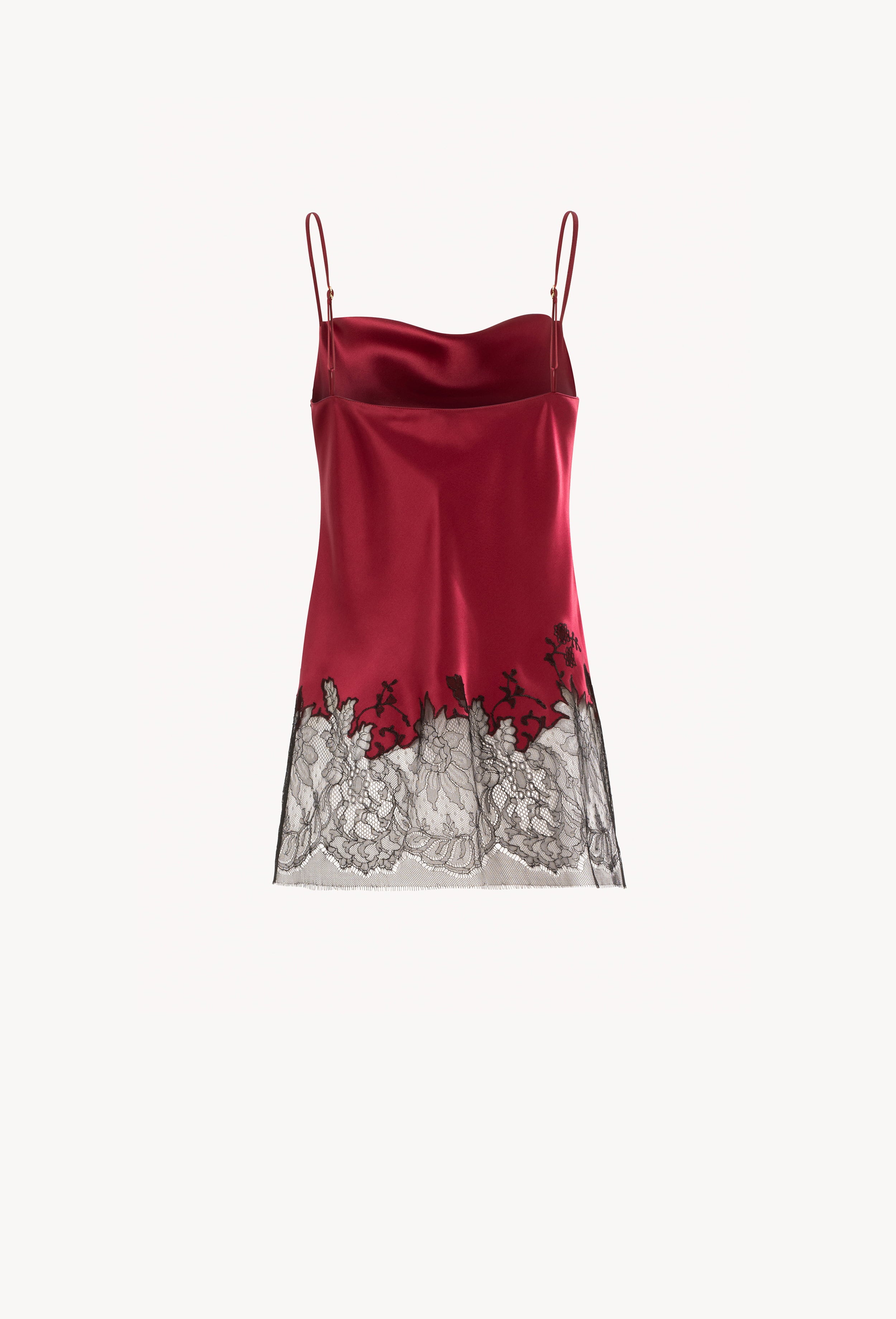 Made of silk and lace, explore the lingerie collection Winter 2026-27 from the house Carine Gilson with this Long top with Scoop Neckline in Rubis red Silk  with Black lace