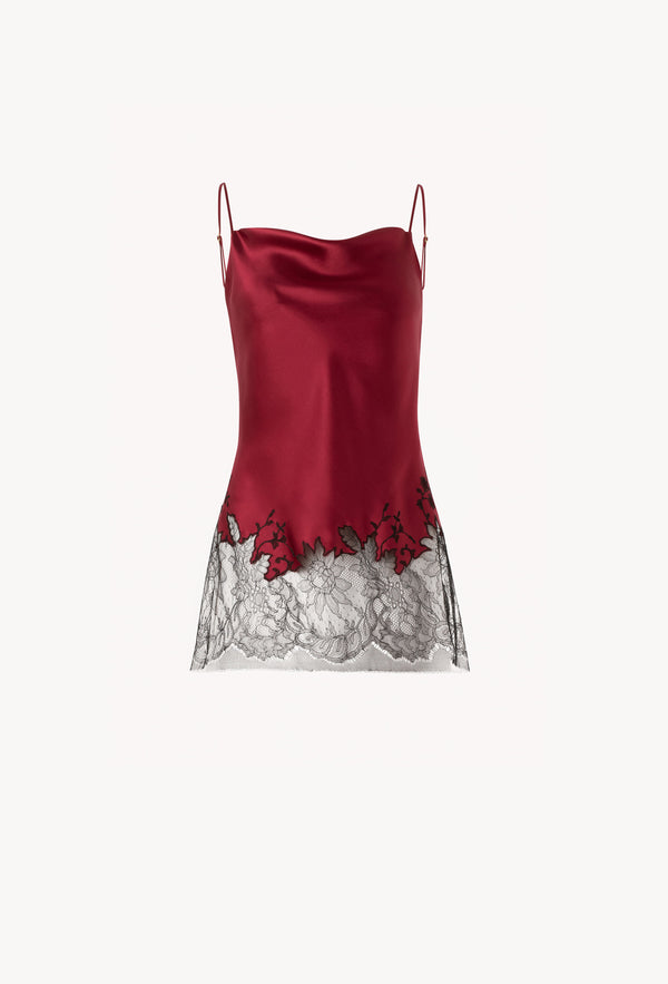 Made of silk and lace, explore the lingerie collection Winter 2026-27 from the house Carine Gilson with this Long top with Scoop Neckline in Rubis red Silk  with Black lace