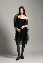 Enjoy the Winter 2026-27 collection of lingerie couture from the house Carine Gilson with this Midi Dress with Scoop Neckline in Black Silk  with Black lace