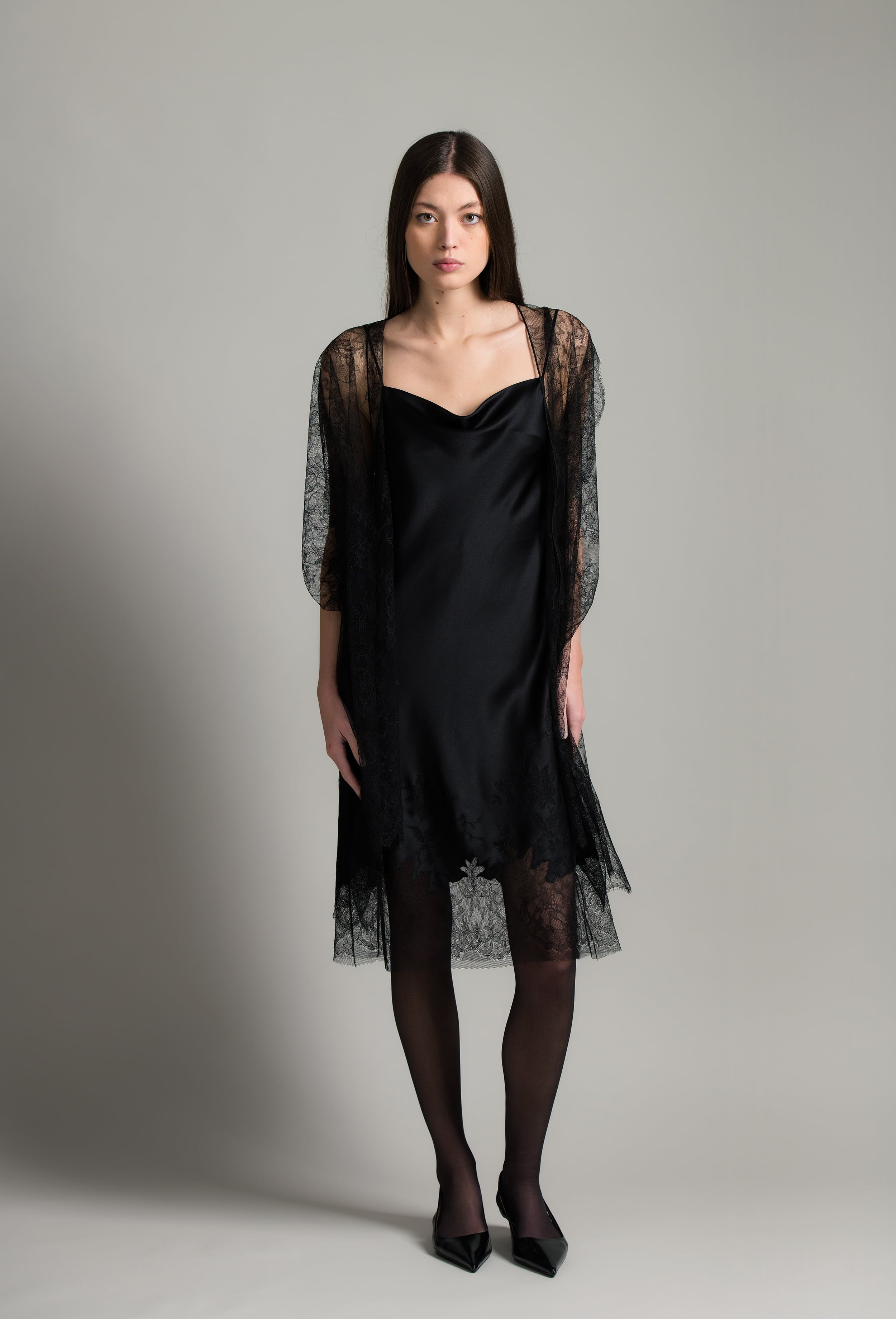 Enjoy the Winter 2026-27 collection of lingerie couture from the house Carine Gilson with this Midi Dress with Scoop Neckline in Black Silk  with Black lace