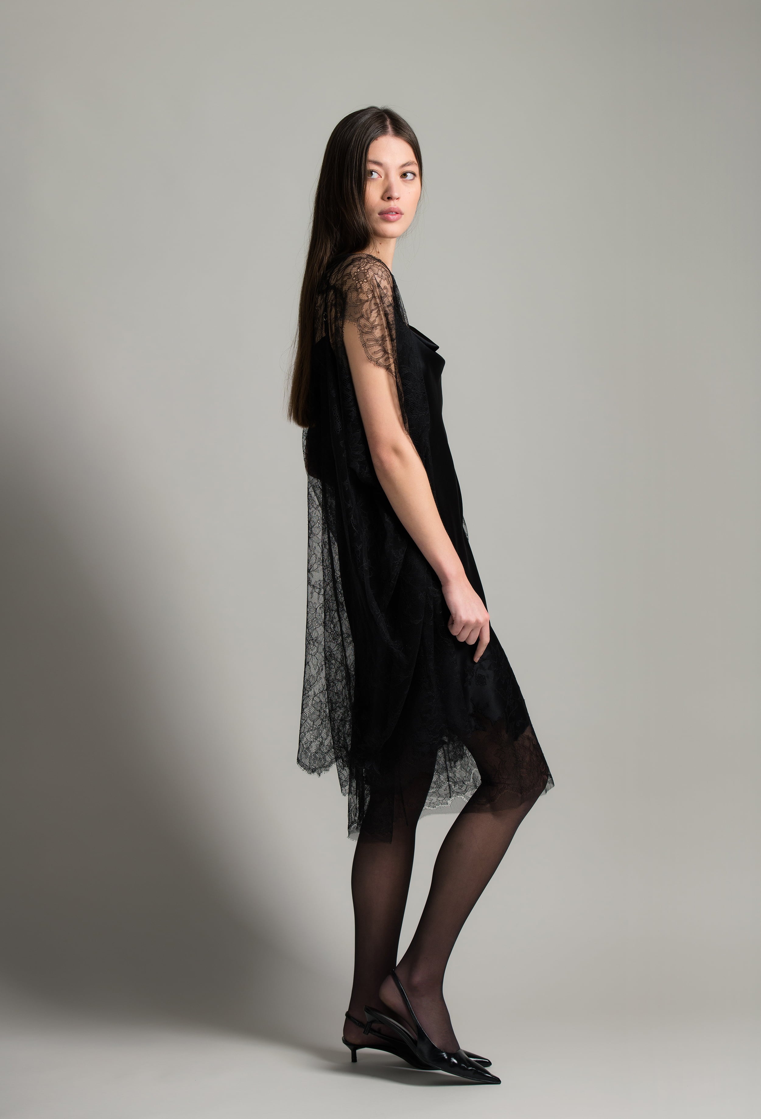 Enjoy the Winter 2026-27 collection of lingerie couture from the house Carine Gilson with this Midi Dress with Scoop Neckline in Black Silk  with Black lace