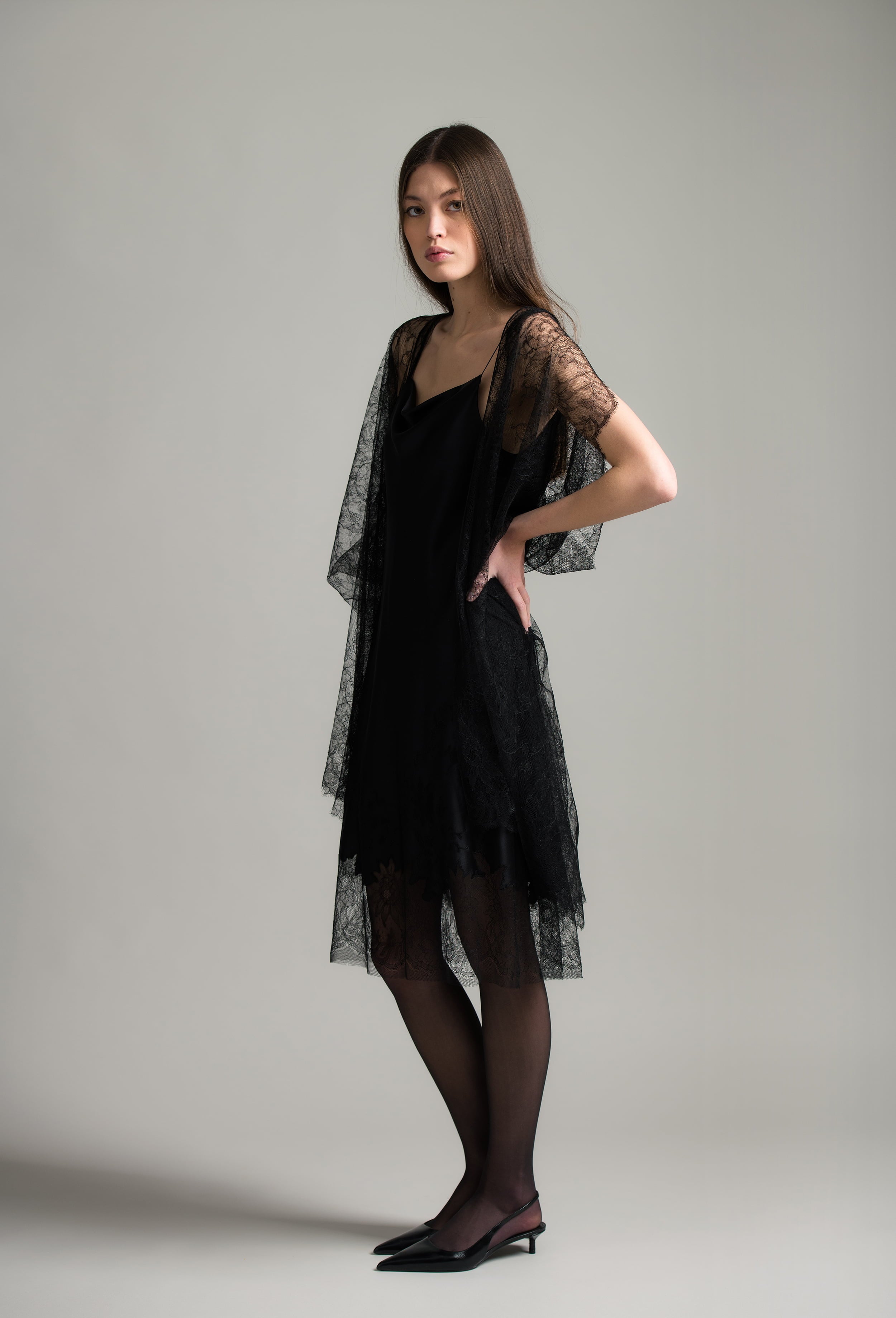 Enjoy the Winter 2026-27 collection of lingerie couture from the house Carine Gilson with this Midi Dress with Scoop Neckline in Black Silk  with Black lace