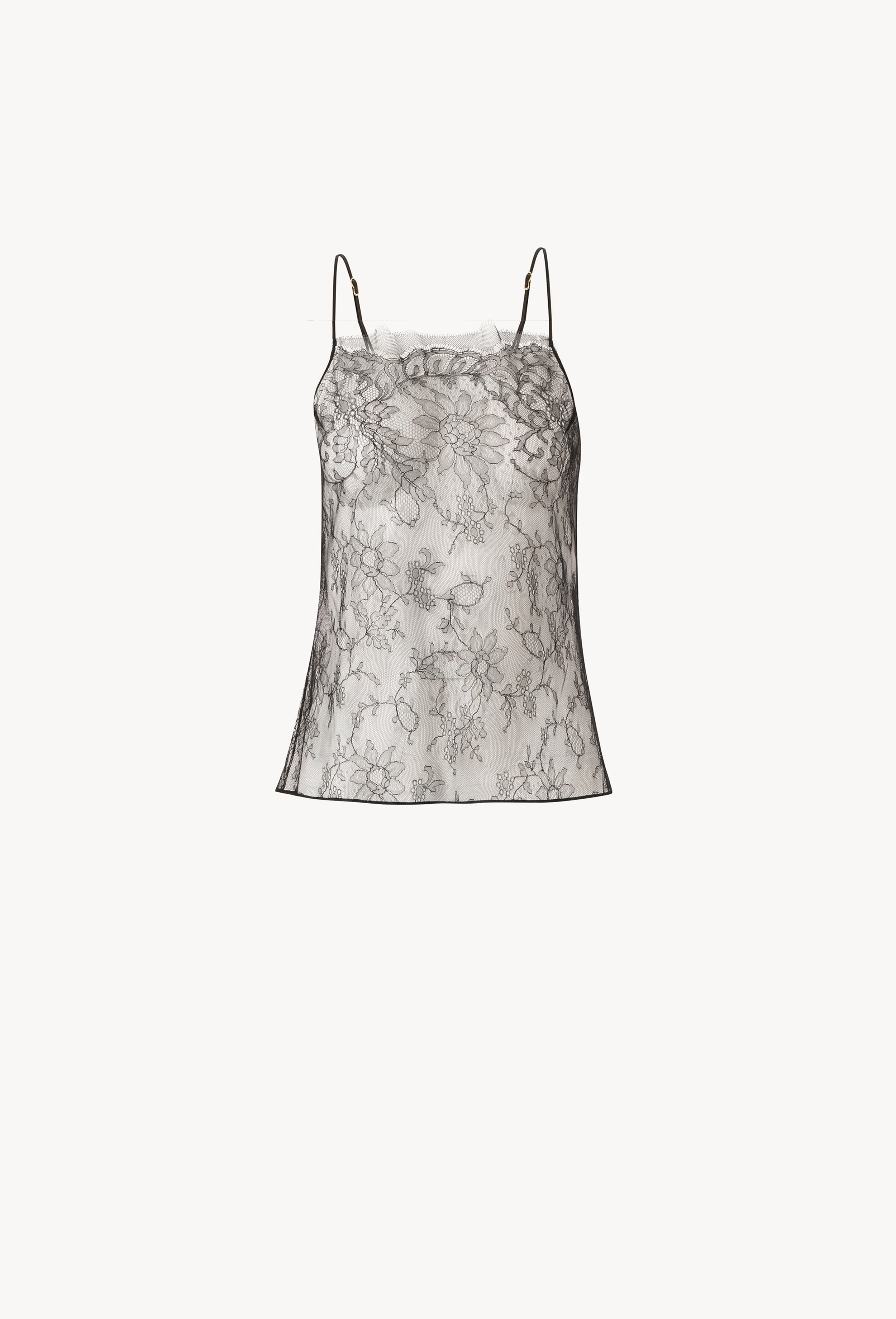 Discover the Winter 2026-27 collection of lingerie couture from the house Carine Gilson with this Camisole Straight Neckline in Black Silk  with Black lace