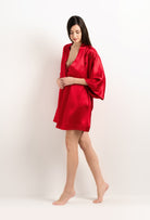 Made of silk and lace, explore the lingerie collection 2025 summer from the house Carine Gilson with this Short Kimono Classic Sleeves in Flam red Silk  with red lace