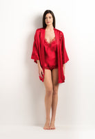 Made of silk and lace, explore the lingerie collection 2025 summer from the house Carine Gilson with this Short Kimono Classic Sleeves in Flam red Silk  with red lace