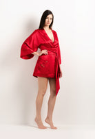 Made of silk and lace, explore the lingerie collection 2025 summer from the house Carine Gilson with this Short Kimono Classic Sleeves in Flam red Silk  with red lace