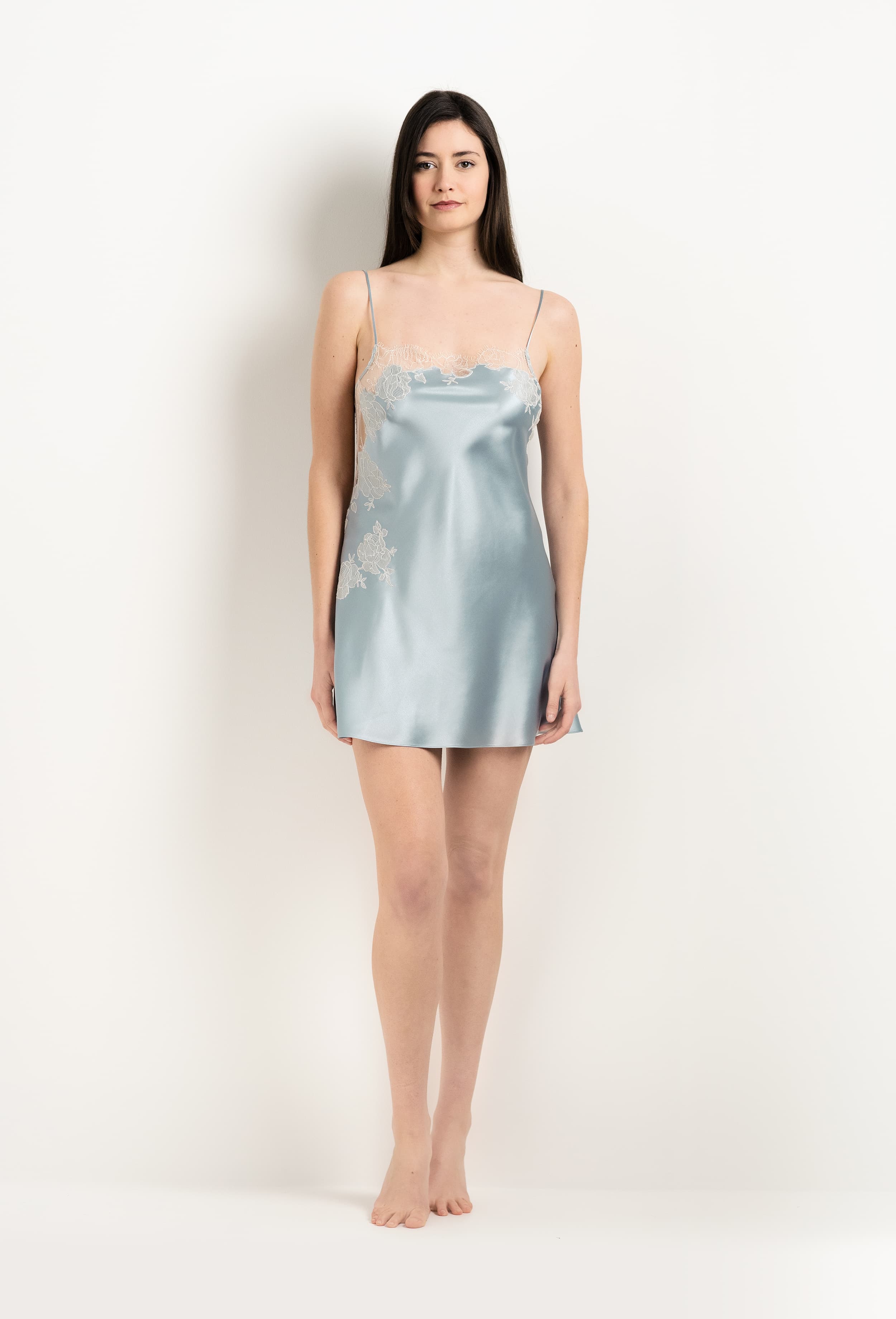 Discover the 2025 Winter collection of lingerie couture from the house Carine Gilson with this Slip Babydoll Style Straight Neckline in Frozen blue Silk  with ivory lace