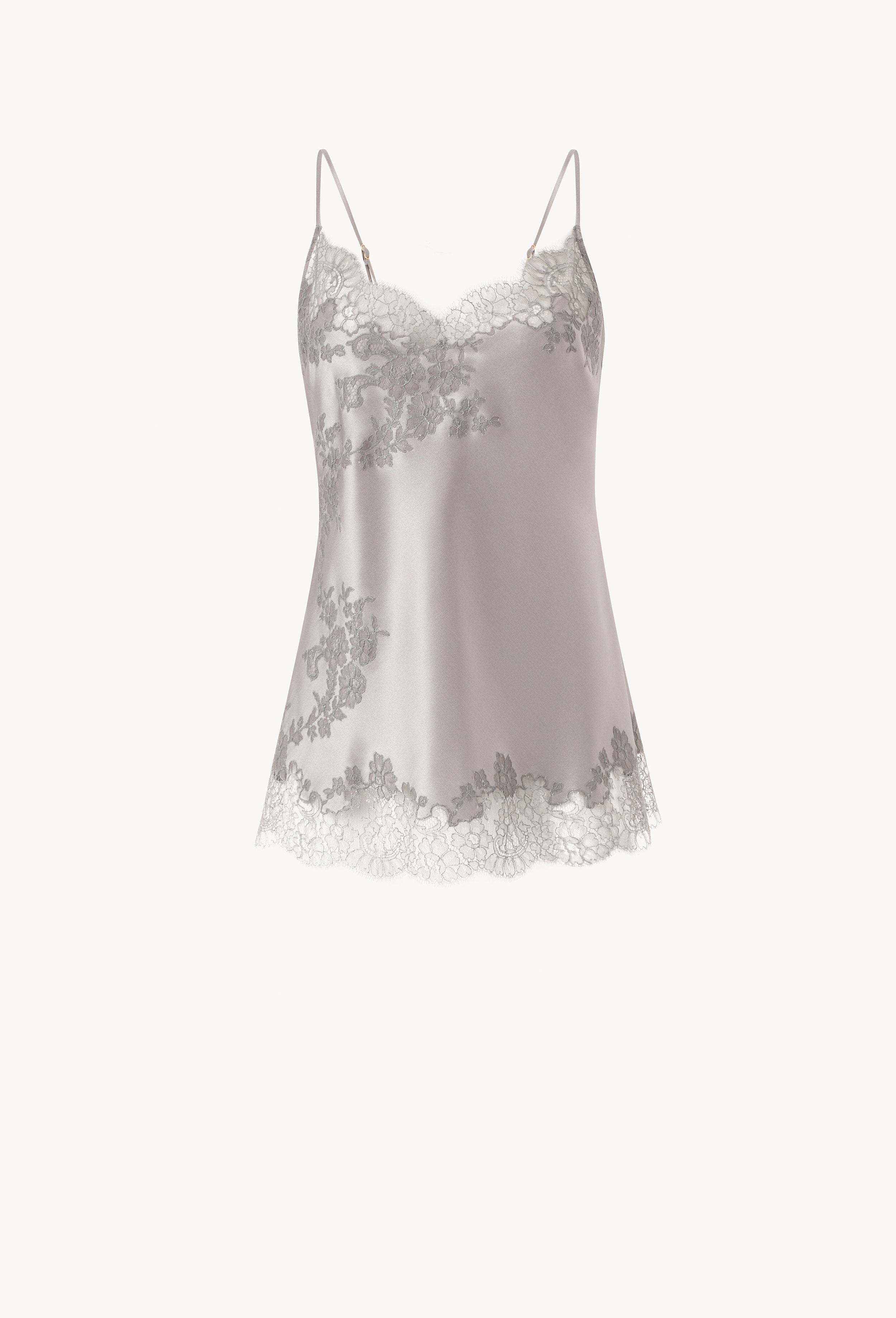 Made of silk and lace, explore the lingerie collection Hiver 2026-27 from the house Carine Gilson with this Long Top with Classic Neckline in LeadGrey Silk  with Grey lace