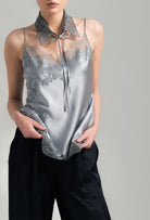 Made of silk and lace, explore the lingerie collection Hiver 2026-27 from the house Carine Gilson with this Long Top with Classic Neckline in LeadGrey Silk  with Grey lace