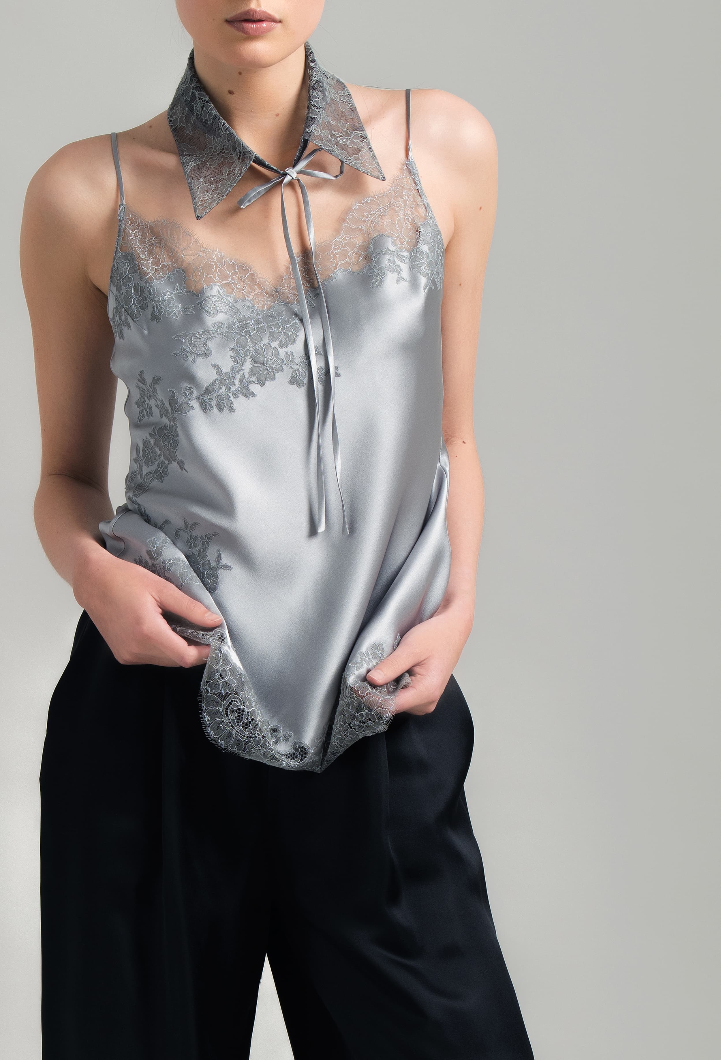 Made of silk and lace, explore the lingerie collection Hiver 2026-27 from the house Carine Gilson with this Long Top with Classic Neckline in LeadGrey Silk  with Grey lace