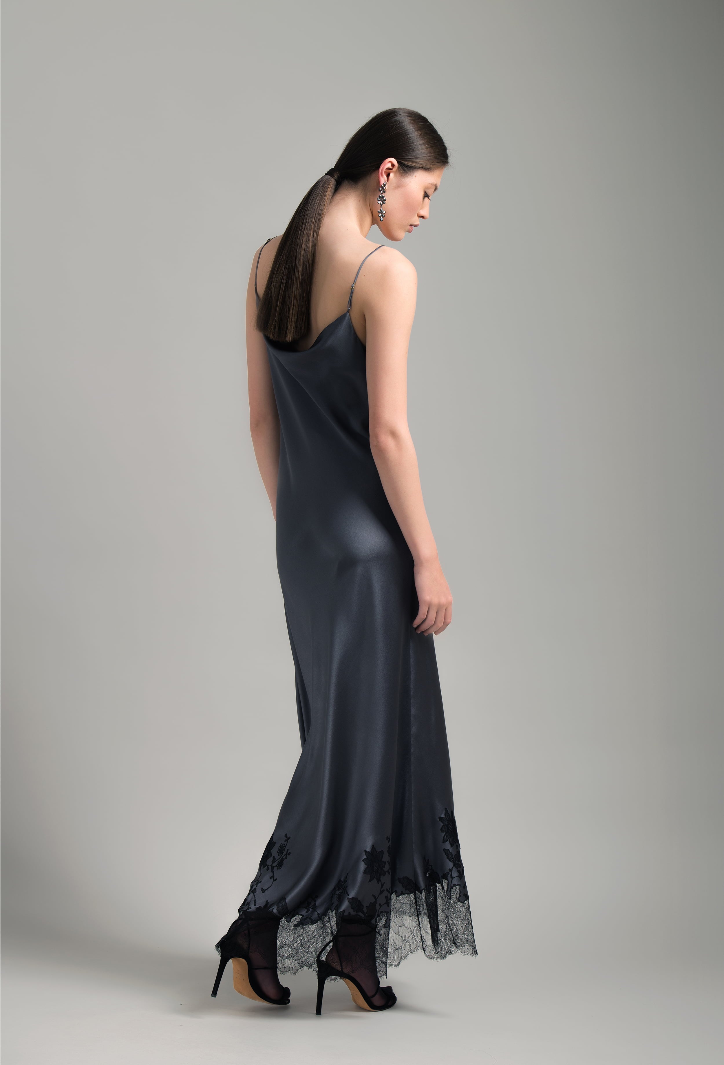 Enjoy the Winter 2026-27 collection of lingerie couture from the house Carine Gilson with this Long Dress Cowl Neckline with lace in StormGrey Silk  with Black lace