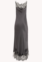 Enjoy the Winter 2026-27 collection of lingerie couture from the house Carine Gilson with this Long Dress Cowl Neckline with lace in StormGrey Silk  with Black lace