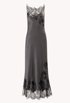 Enjoy the Winter 2026-27 collection of lingerie couture from the house Carine Gilson with this Long Dress Cowl Neckline with lace in StormGrey Silk  with Black lace