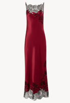 The Winter 2026-27 collection from the house Carine Gilson - The most beautiful couture lingerie to be discovered with this Long Dress Cowl Neckline with lace in Rubis red Silk  with Black lace
