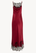 The Winter 2026-27 collection from the house Carine Gilson - The most beautiful couture lingerie to be discovered with this Long Dress Cowl Neckline with lace in Rubis red Silk  with Black lace