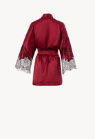 Discover the Winter 2026-27 collection of lingerie couture from the house Carine Gilson with this Short Kimono Raglan Style in Rubis red Silk  with Black lace
