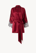 Discover the Winter 2026-27 collection of lingerie couture from the house Carine Gilson with this Short Kimono Raglan Style in Rubis red Silk  with Black lace