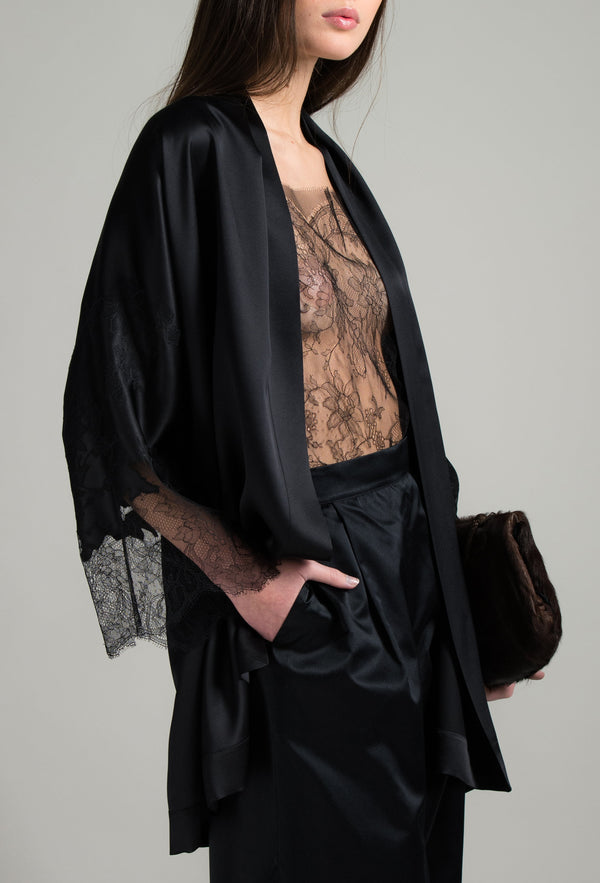 Kimono jacket with raglan sleeves - Black and Black Hanae lace