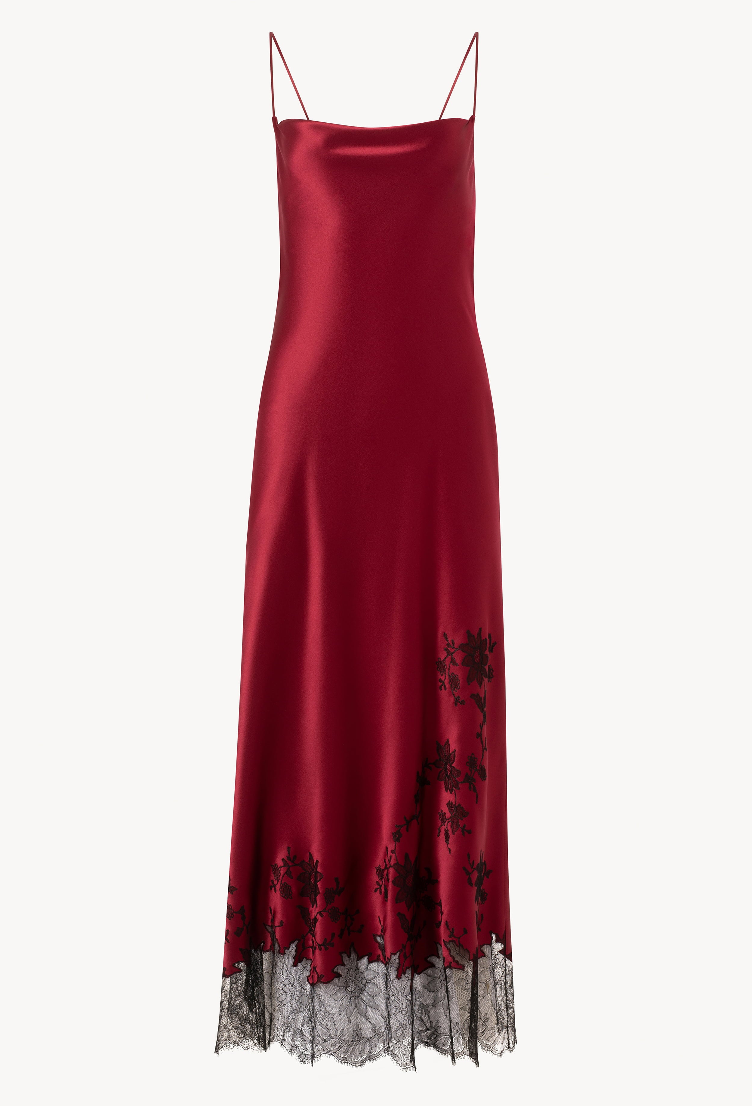 Made of silk and lace, explore the lingerie collection Winter 2026-27 from the house Carine Gilson with this Long Dress With Deep Back Cowl Neckline in Rubis red Silk  with Black lace