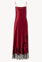 Made of silk and lace, explore the lingerie collection Winter 2026-27 from the house Carine Gilson with this Long Dress With Deep Back Cowl Neckline in Rubis red Silk  with Black lace