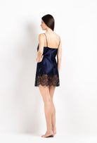 Be seduced by Carine Gilson most beautiful silk and lace collection with this Slip Babydoll Style Straight Neckline in Dark Marine Blue Silk  with black lace