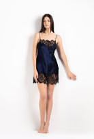 Be seduced by Carine Gilson most beautiful silk and lace collection with this Slip Babydoll Style Straight Neckline in Dark Marine Blue Silk  with black lace