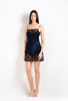 Be seduced by Carine Gilson most beautiful silk and lace collection with this Slip Babydoll Style Straight Neckline in Dark Marine Blue Silk  with black lace