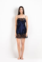 Be seduced by Carine Gilson most beautiful silk and lace collection with this Slip Babydoll Style Straight Neckline in Dark Marine Blue Silk  with black lace