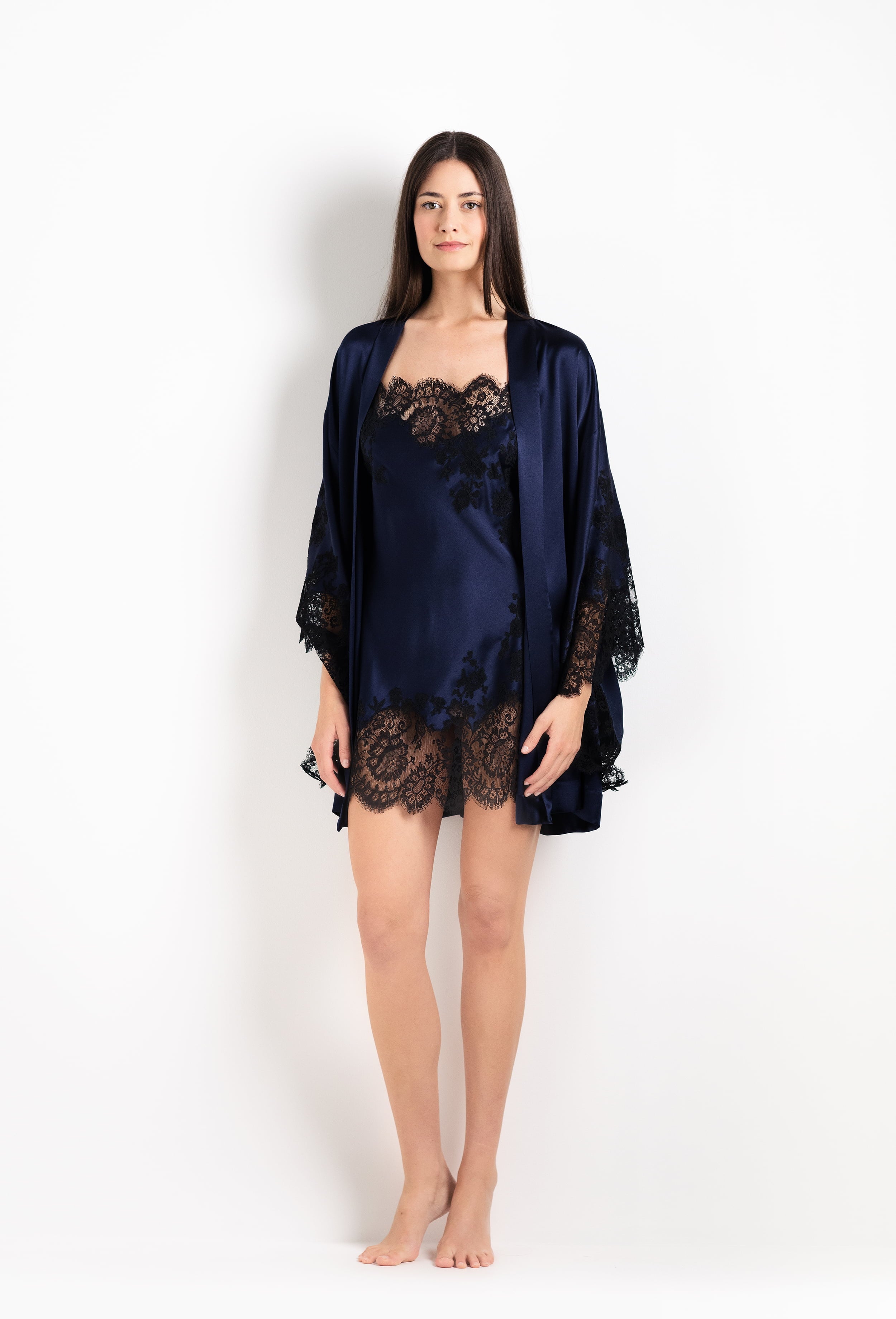 Be seduced by Carine Gilson most beautiful silk and lace collection with this Slip Babydoll Style Straight Neckline in Dark Marine Blue Silk  with black lace