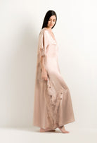 The 2024 winter collection from the house Carine Gilson - The most beautiful couture lingerie to be discovered with this Long Kaftan V Neck in dove grey lilac Silk with pink rose lace