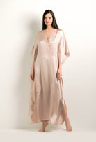 The 2024 winter collection from the house Carine Gilson - The most beautiful couture lingerie to be discovered with this Long Kaftan V Neck in dove grey lilac Silk with pink rose lace