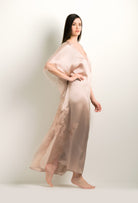 The 2024 winter collection from the house Carine Gilson - The most beautiful couture lingerie to be discovered with this Long Kaftan V Neck in dove grey lilac Silk with pink rose lace