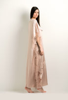 The 2024 winter collection from the house Carine Gilson - The most beautiful couture lingerie to be discovered with this Long Kaftan V Neck in dove grey lilac Silk with pink rose lace