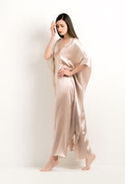 The 2024 winter collection from the house Carine Gilson - The most beautiful couture lingerie to be discovered with this Long Kaftan V Neck in dove grey lilac Silk with pink rose lace