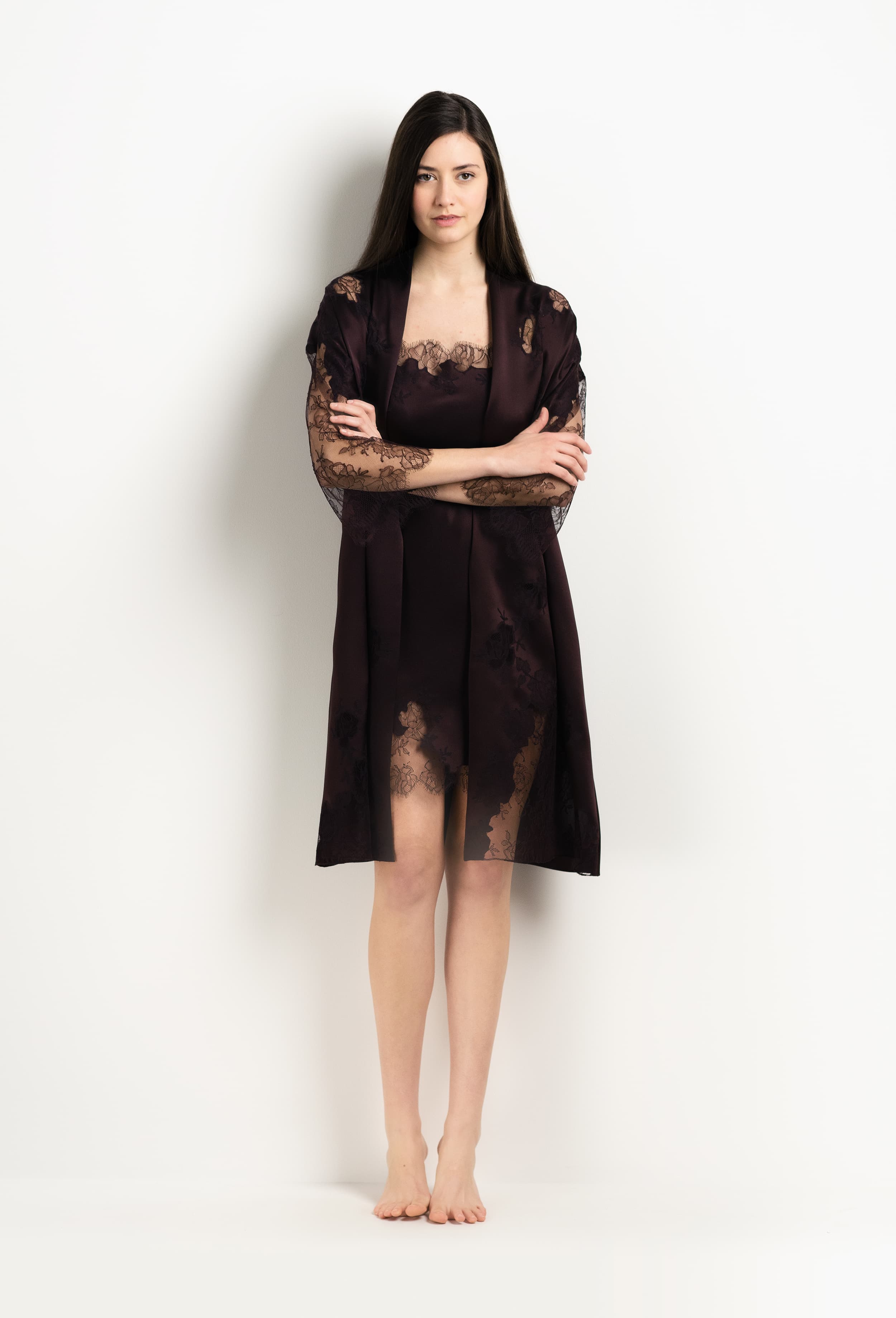 Enjoy the 2025 Winter collection of lingerie couture from the house Carine Gilson with this Slip Straight Neckline in Ebony Silk  with Ebony lace