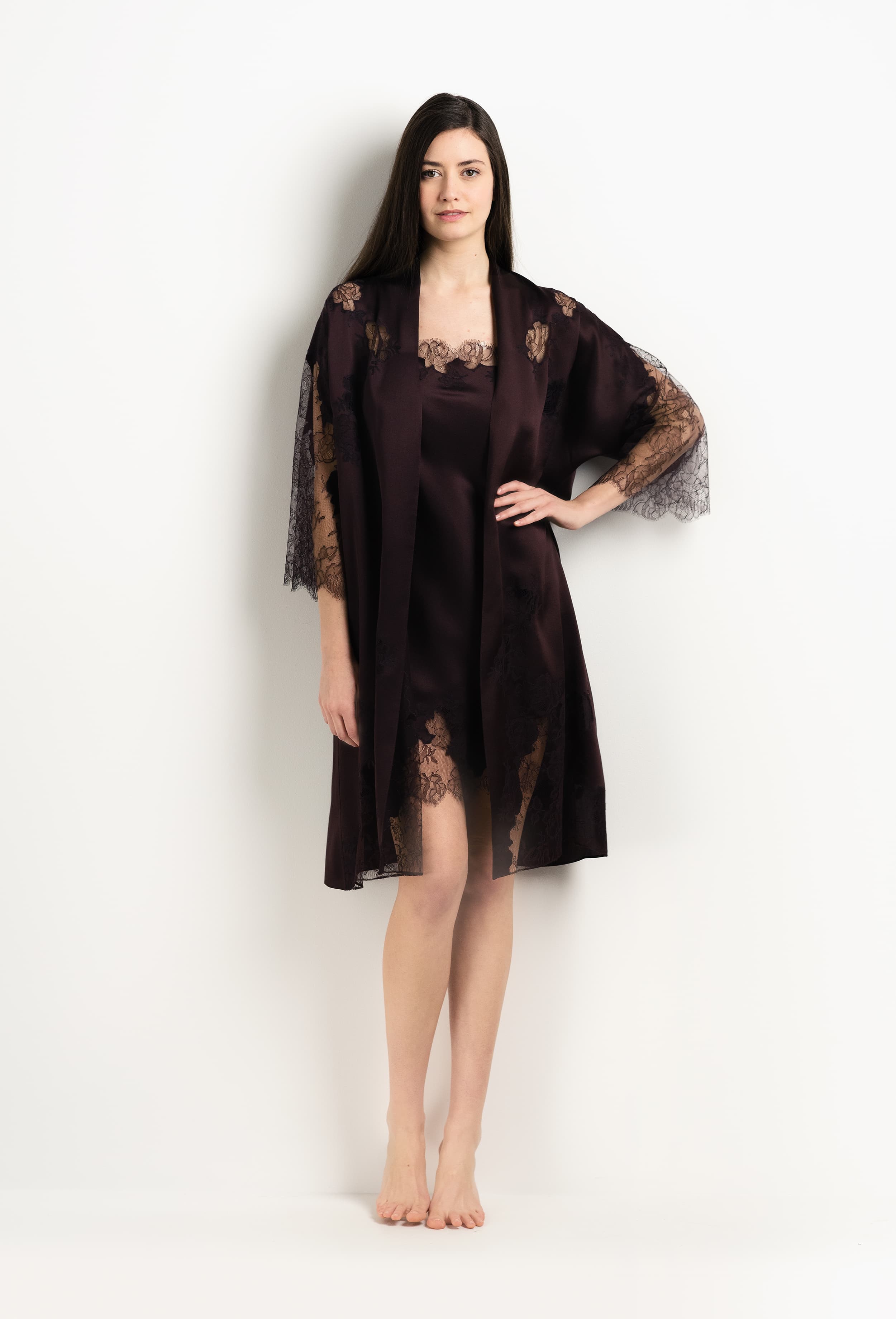 Enjoy the 2025 Winter collection of lingerie couture from the house Carine Gilson with this Slip Straight Neckline in Ebony Silk  with Ebony lace