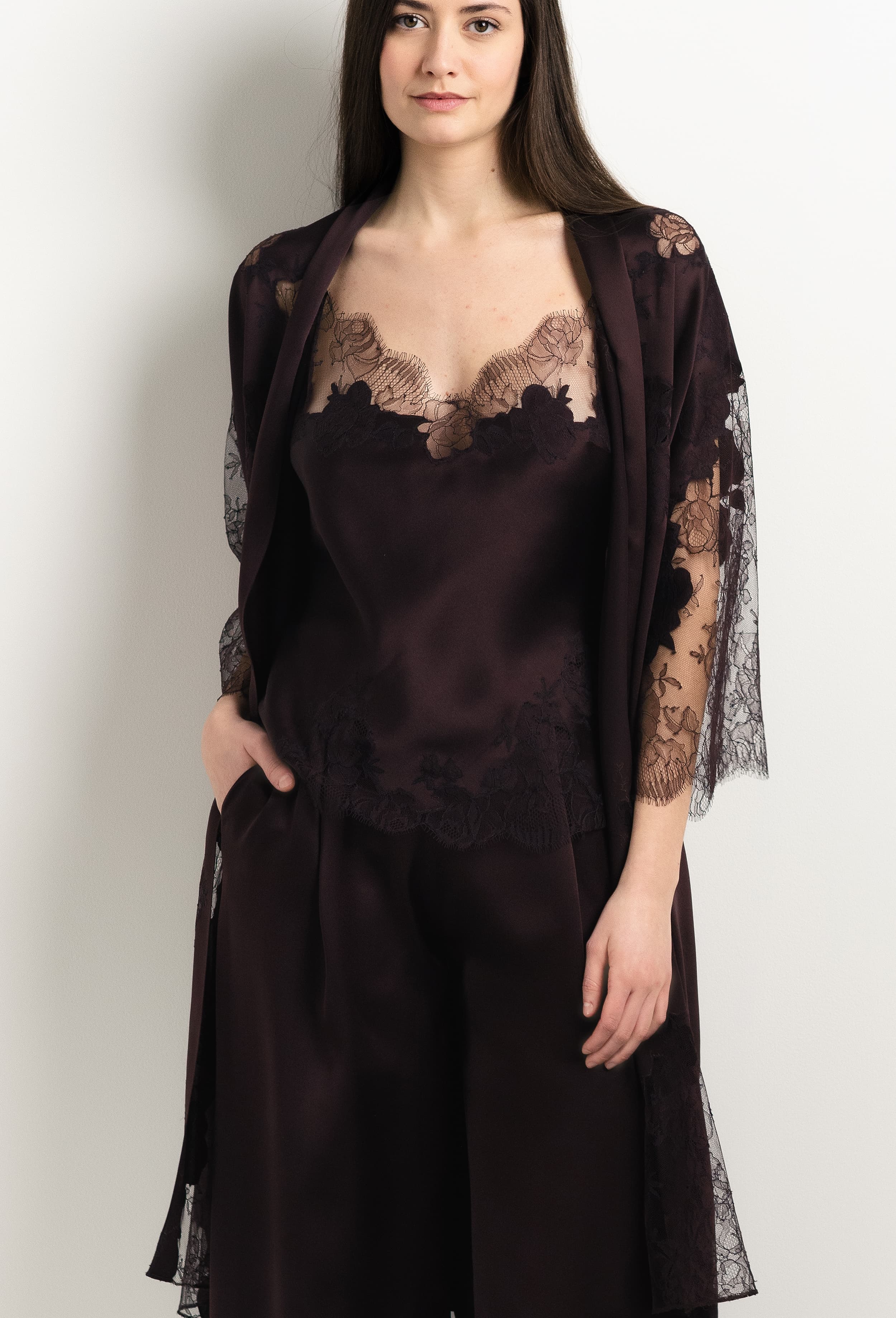 Enjoy the 2025 Winter collection of lingerie couture from the house Carine Gilson with this Slip in Ebony Silk  with Ebony lace