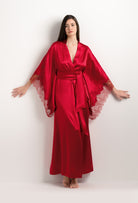 Be seduced by Carine Gilson most beautiful silk lingerie collection with this Long Kimono Butterfly Sleeves in Flam red Silk  with red lace