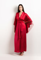 Be seduced by Carine Gilson most beautiful silk lingerie collection with this Long Kimono Butterfly Sleeves in Flam red Silk  with red lace