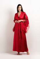 Be seduced by Carine Gilson most beautiful silk lingerie collection with this Long Kimono Butterfly Sleeves in Flam red Silk  with red lace