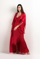 Be seduced by Carine Gilson most beautiful silk lingerie collection with this Long Kimono Butterfly Sleeves in Flam red Silk  with red lace