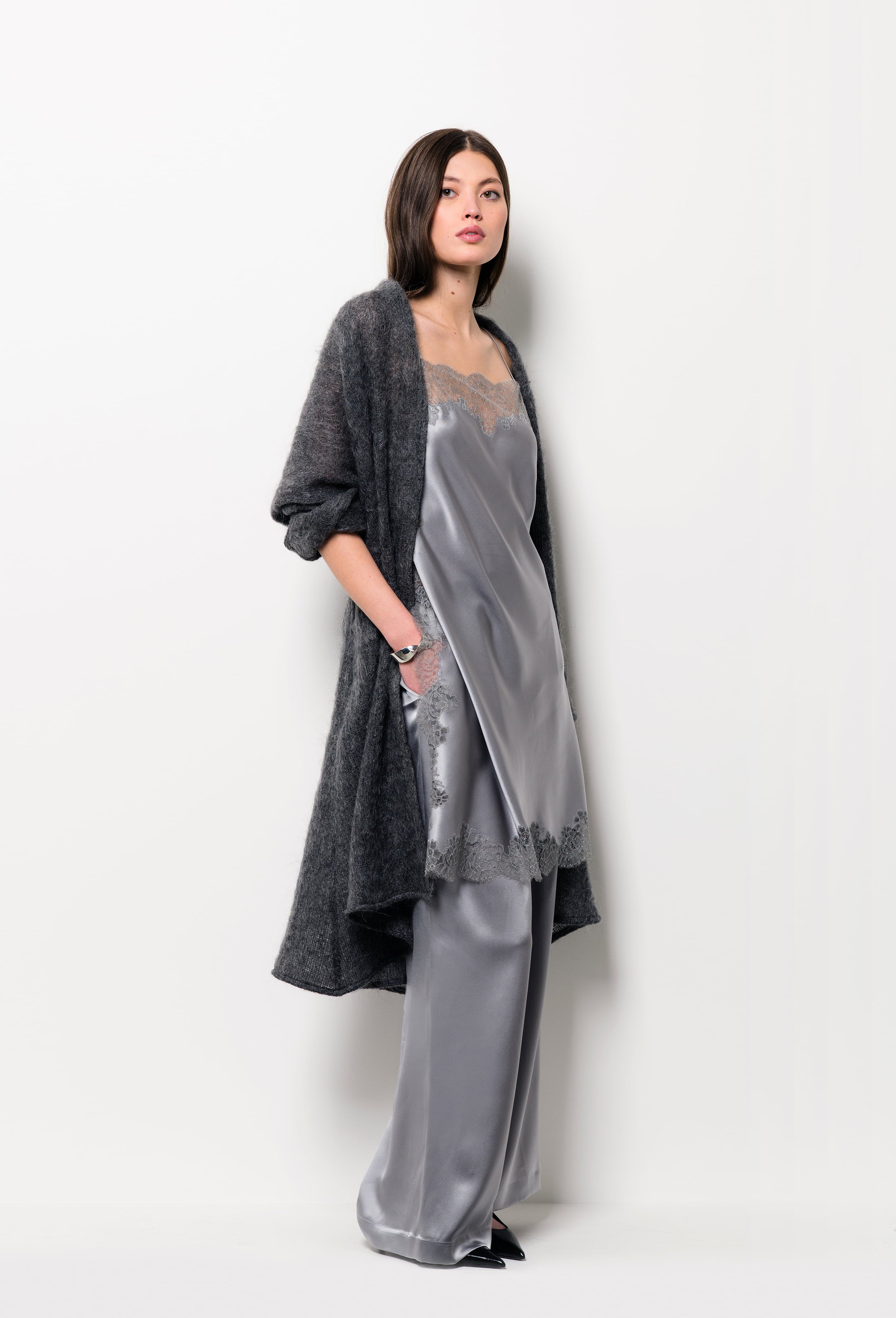 Be seduced by Carine Gilson most beautiful silk lingerie collection with this Midi dress Straight Neckline in LeadGrey Silk with Grey lace